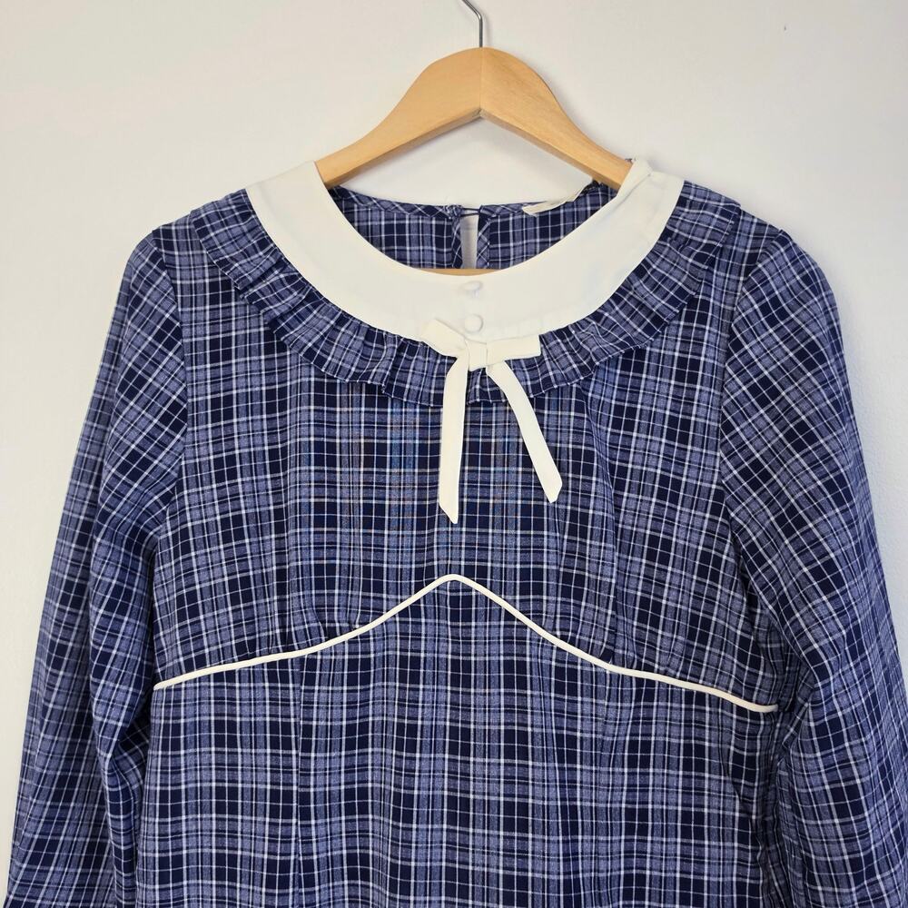 Simple Retro Whitney Round Neck Tie Bow Collision Blue Check Dress Sz Medium - Picture 4 of 11